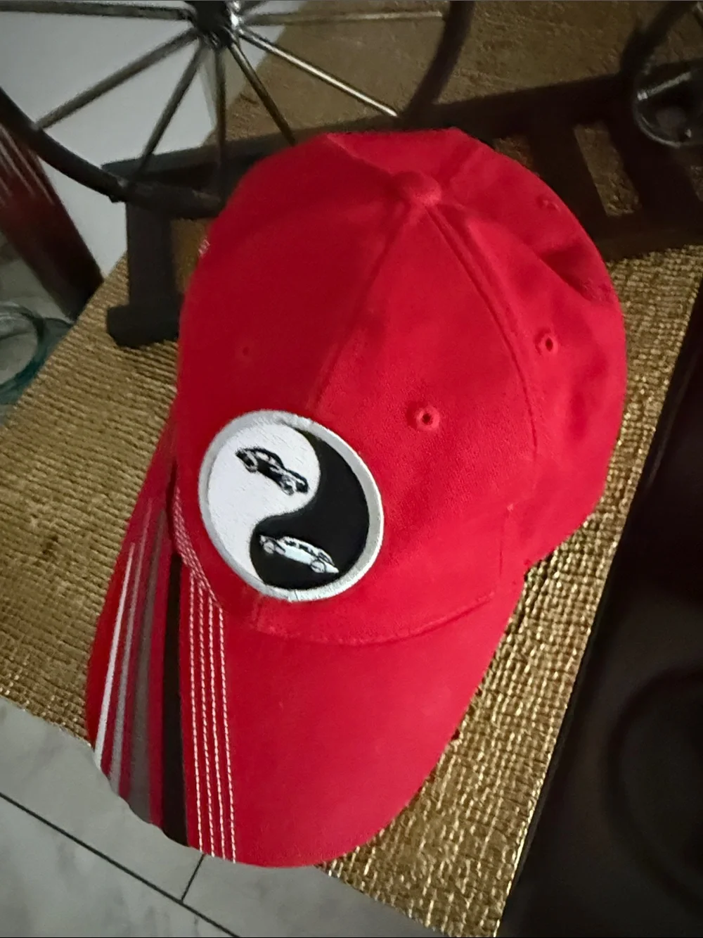 Red Kids Baseball Cap with Yin Yang Car Emblem